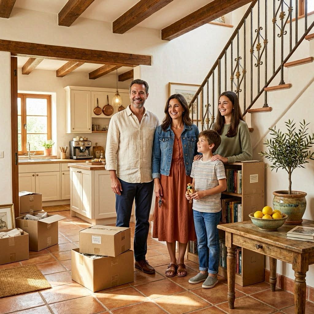 Happy family looking around their new home